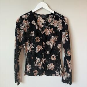 Karen Kane | Y2K Sheer Floral Lace Whimsigoth Fairy Gathered Front Blouse Top